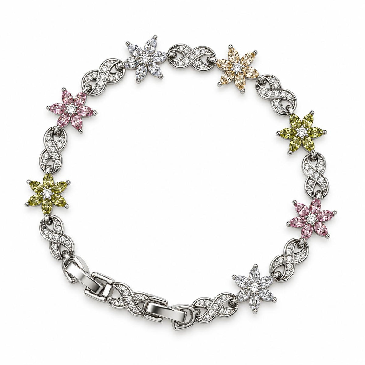 Manilla Color Silver con Flores Multicolor y Eslabones de Infinito