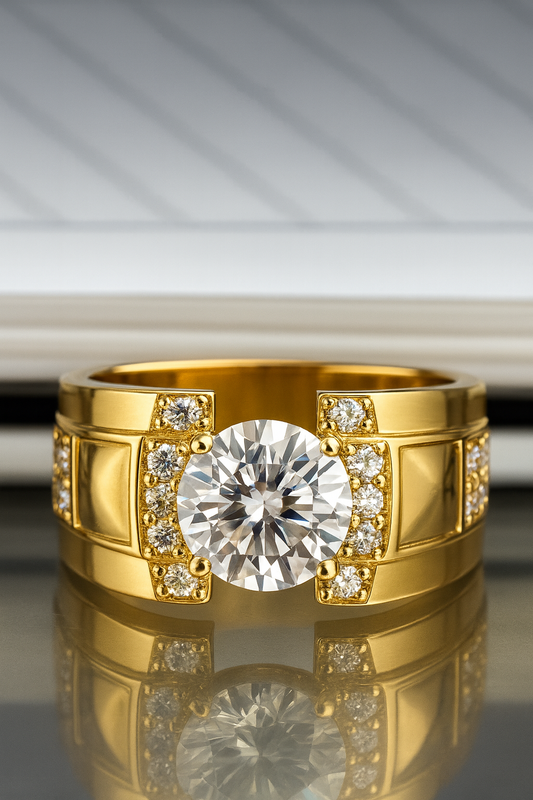 Anillo de Lujo con Zirconia Central y Detalles Esmaltados