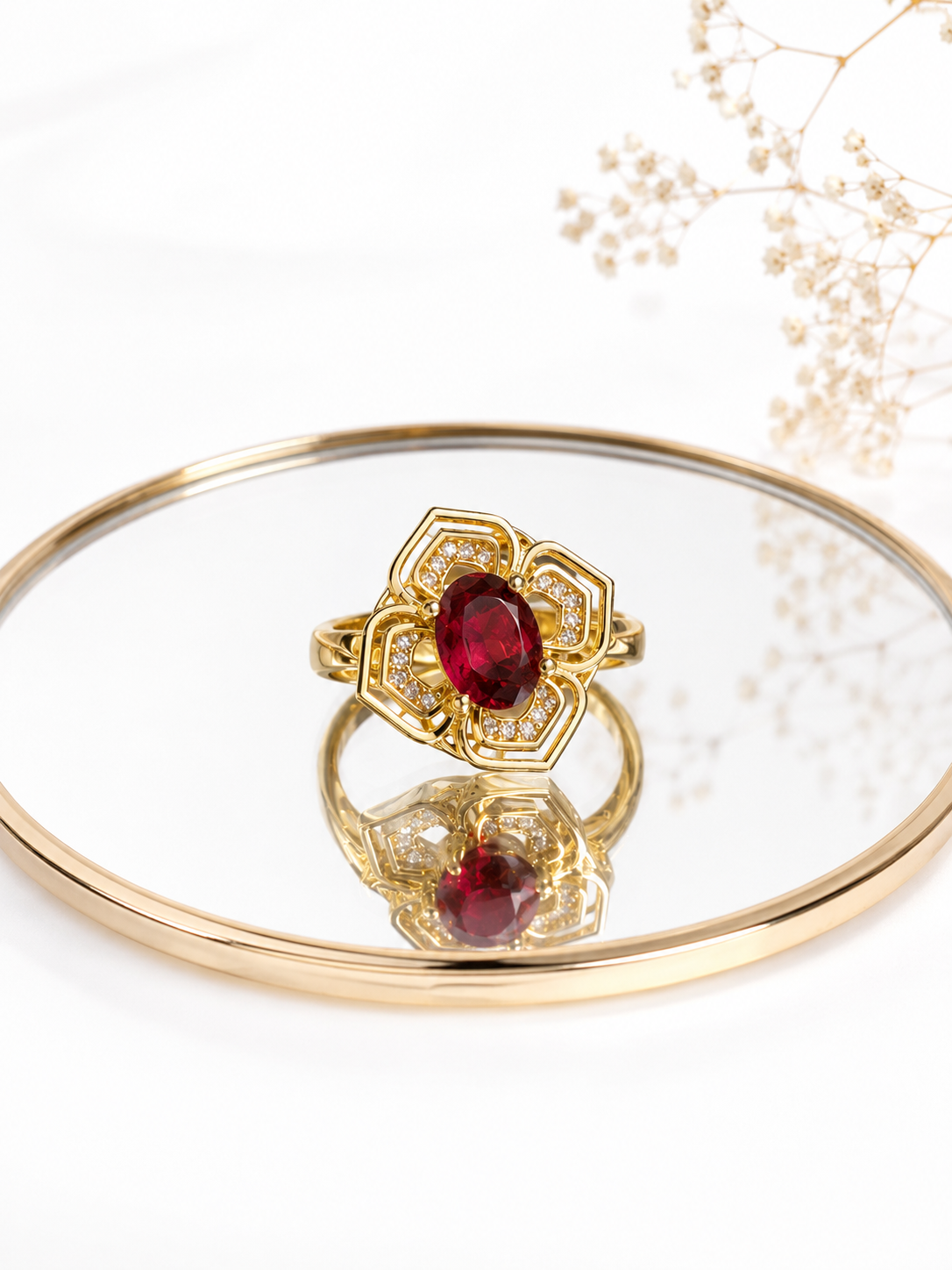 Anillo Flor Rubí Ajustable