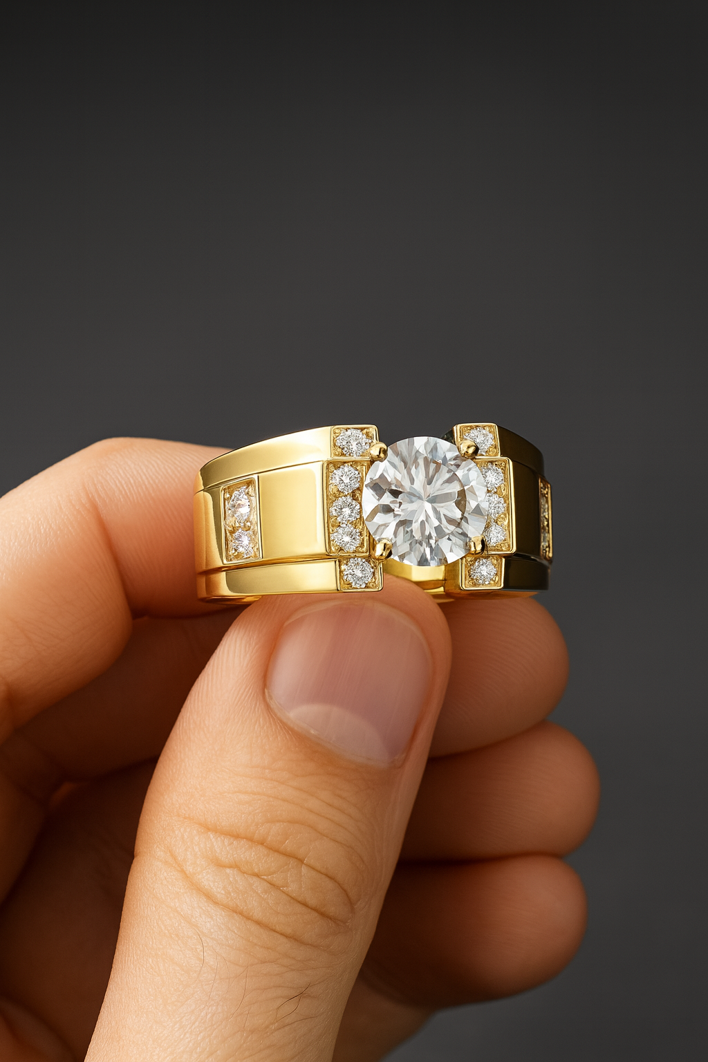 Anillo de Lujo con Zirconia Central y Detalles Esmaltados
