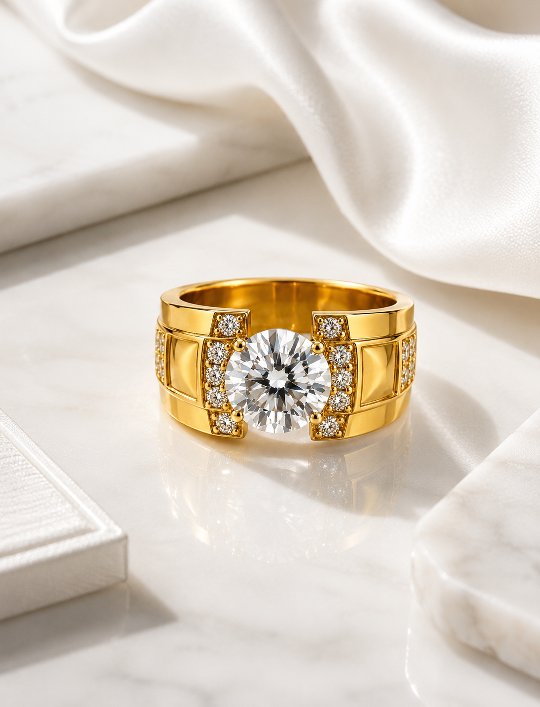 Anillo de Lujo con Zirconia Central y Detalles Esmaltados