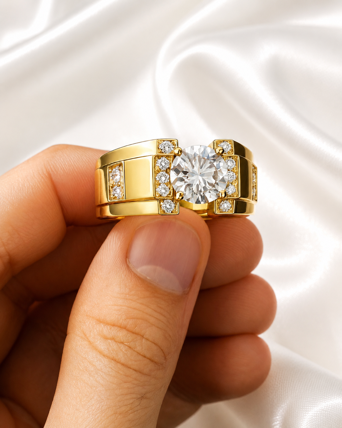Anillo de Lujo con Zirconia Central y Detalles Esmaltados
