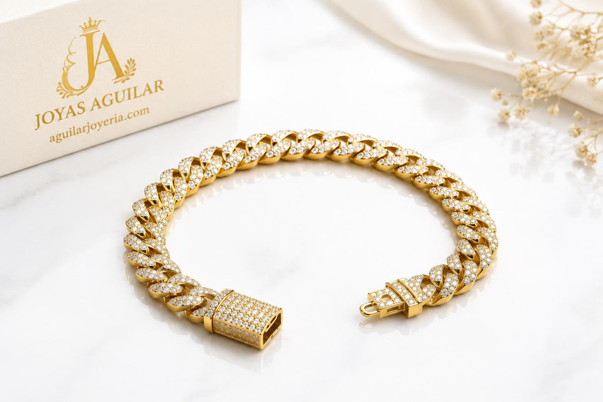 Manilla cubana para hombre full circonia laminado 14k