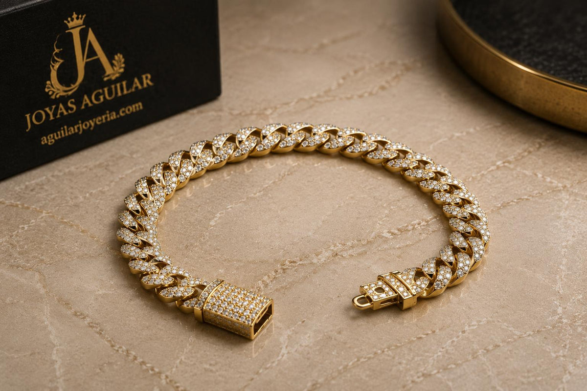 Manilla cubana para hombre full circonia laminado 14k